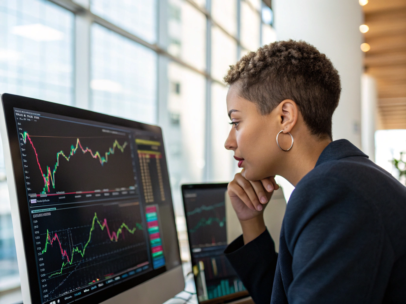 Financial analyst monitoring global trade flows on digital screens