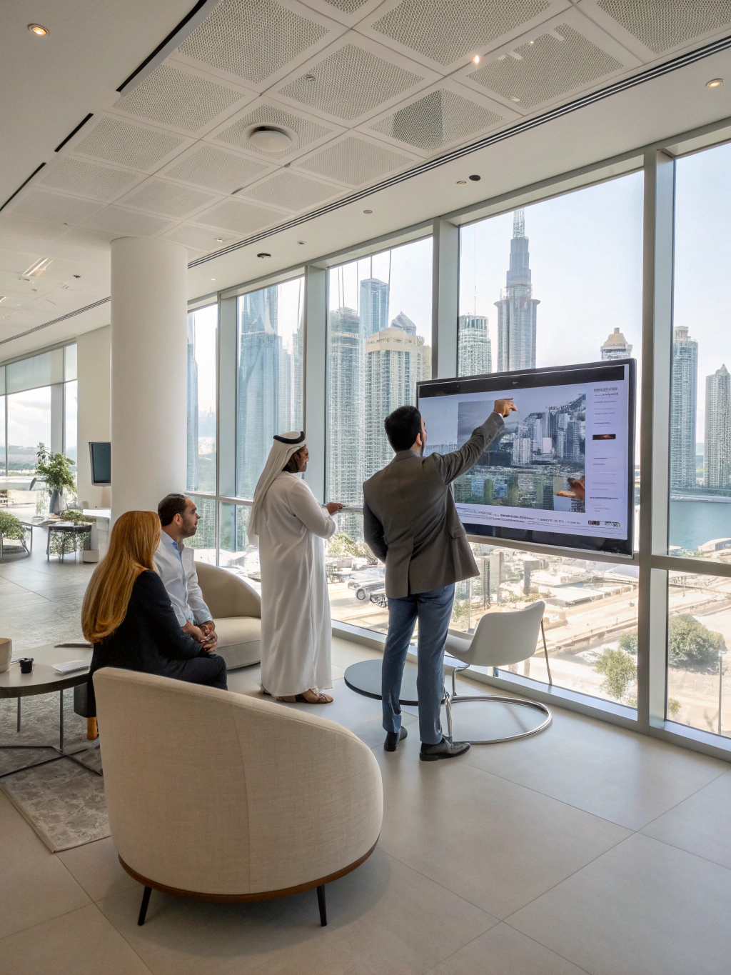 Professional team discussing business setup in a modern office