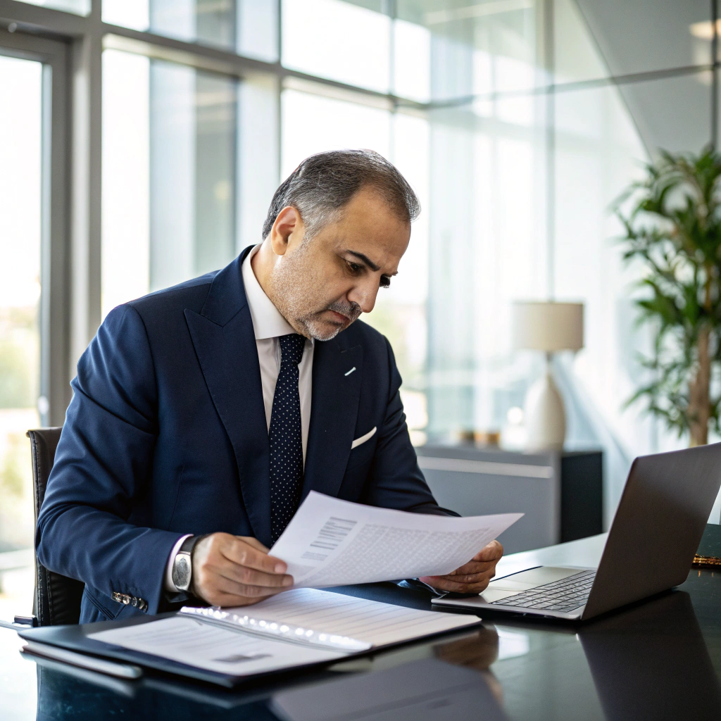 Director of Manarat Al Falah reviewing trade documents