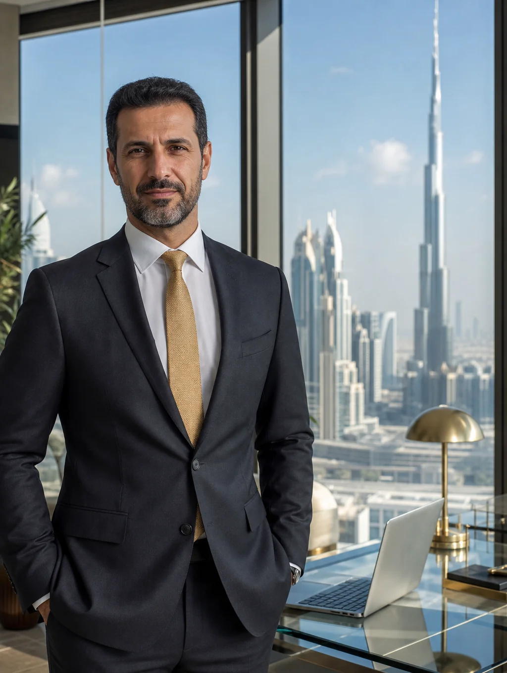 Trade consultant reviewing logistics documentation in a modern Dubai office