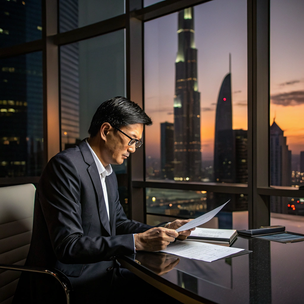 Trade expert reviewing shipping documents in a modern Dubai office